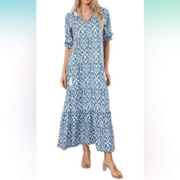 Dresses & Skirts - Blue Boho Pattern Maxi Elegant Short Sleeve V Neck Loose Swing Dress | Small